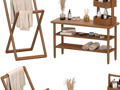 Practical Wooden Bathroom Storage For Living Essentials With Towel Racks And Scented Bottles 3d model