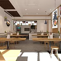 Modern Restaurant Interior With Wooden Tables Stools Hanging Lights And Menu Posters