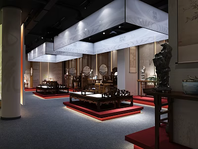 Traditional Chinese Exhibition Hall Interior With Classical Wooden Furniture Red Carpet Platforms And Wall Paintings 3d model