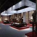 Traditional Chinese Exhibition Hall Interior With Classical Wooden Furniture Red Carpet Platforms And Wall Paintings