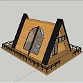 Wooden House With Triangular Roof Large Windows And Balcony Black Railings