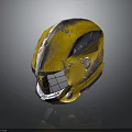 Worn Yellow Metal Weapon Helmet With Protective Design And Scratched Surface
