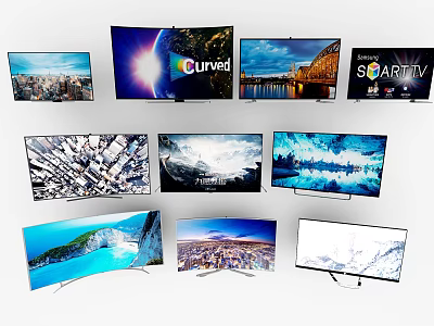 Various Curved And Smart Televisions Displaying Scenic City Landscapes With Sleek Design 3d model