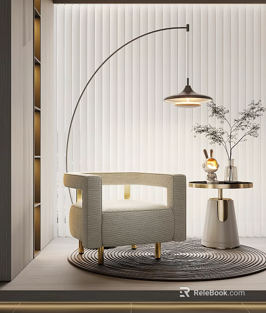 Modern Light Gray Fabric Single Sofa With Gold Legs And Side Table Decorative Items 3d model 