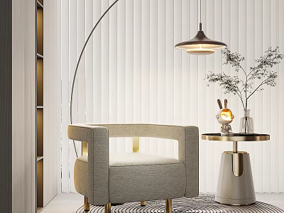 Modern Light Gray Fabric Single Sofa With Gold Legs And Side Table Decorative Items 3d model