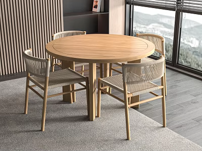 Round Wooden Outdoor Table with Four Chairs Near Window Scenic View 3d model