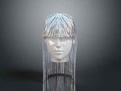 Futuristic Humanoid Character Head With Shiny Silver Dangling Chains And Tassel Decorations 3d model