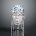 Futuristic Humanoid Character Head With Shiny Silver Dangling Chains And Tassel Decorations