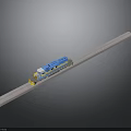 Detailed Blue Train Model Moving on Straight White Track with Dark Background
