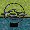 Garden Landscape Featuring Circular Metal Sculpture Wavy Design Green Shrubs Purple Plants And Paved Ground