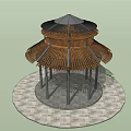 Wooden Landscape Pavilion With Two Tiered Roof And Circular Stone Slab Base