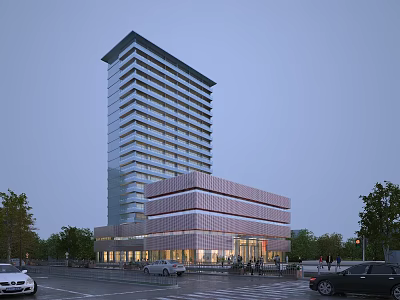 Modern High Rise Office Building With Glass Facade Surrounding Low Rise Structure And Parking Area 3d model