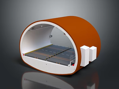 Orange Semi Circular Structure Interior Design With Gray Floor White Walls Railings And White Blocks 3d model
