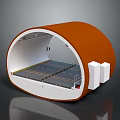 Orange Semi Circular Structure Interior Design With Gray Floor White Walls Railings And White Blocks