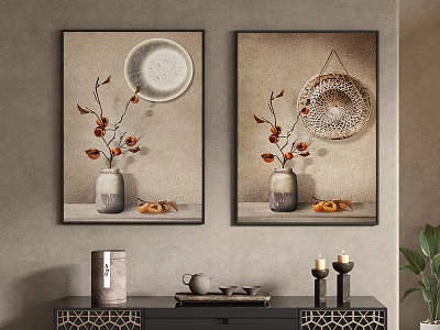 Traditional Wall Decorative Paintings With Vase Branches Fruits And Cabinet Tea Set Candle Holders 3d model