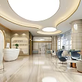 Elegant Store Front Desk Interior Design With Round Ceiling Lights Marble Floor And Seating Area