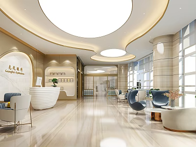 Elegant Store Front Desk Interior Design With Round Ceiling Lights Marble Floor And Seating Area 3d model