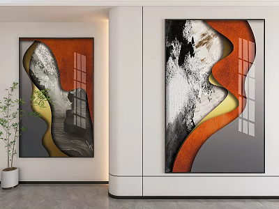 Modern Abstract Decorative Paintings On Living Room Wall With Orange Black White Gray Tones 3d model