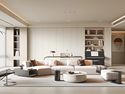Modern Living Room Interior Design With Beige Sofa Round Coffee Table And Light Colored Walls 3d model