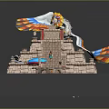 Picturesque Scenic Landscape With Stone Stepped Pyramid Blue Water And Colorful Flags