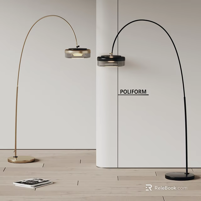 Modern POLIFORM Gold And Black Floor Lamp With Arched Pole Circular Base Glass Shade 3d model 