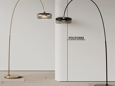 Modern POLIFORM Gold And Black Floor Lamp With Arched Pole Circular Base Glass Shade 3d model