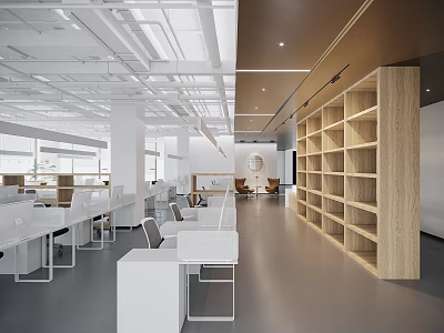 Modern Public Office Space With Open Layout White Desks And Wooden Bookshelves 3d model