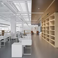 Modern Public Office Space With Open Layout White Desks And Wooden Bookshelves