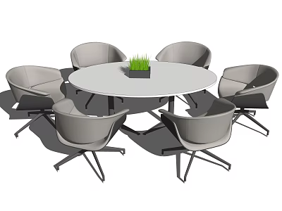 Round White Conference Table With Six Gray Chairs And Small Potted Grass 3d model