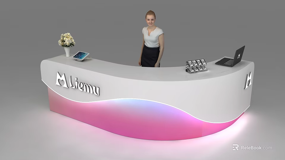Modern Alisma Reception Desk With Flower Arrangement Tablet Laptop And Colorful Lighting 3d model 