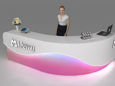 Modern Alisma Reception Desk With Flower Arrangement Tablet Laptop And Colorful Lighting 3d model