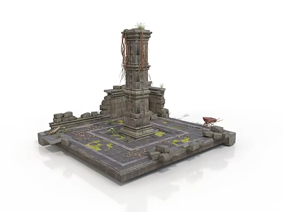 Modern Scene With Ancient Stone Tower Square Base Stone Blocks Moss Vines And Red Car 3d model