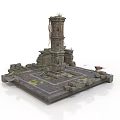 Modern Scene With Ancient Stone Tower Square Base Stone Blocks Moss Vines And Red Car