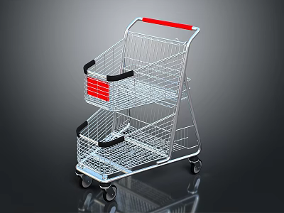 Metal Shopping Cart With Two Tier Basket Red Handle And Wheels 3d model