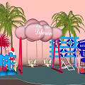 Vibrant Playground With Pink Cloud Swing Palm Trees Beach Chairs And Coral Decor
