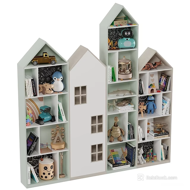 Adorable Stuffed Dolls On White House Shaped Shelves With Books And Toys 3d model 