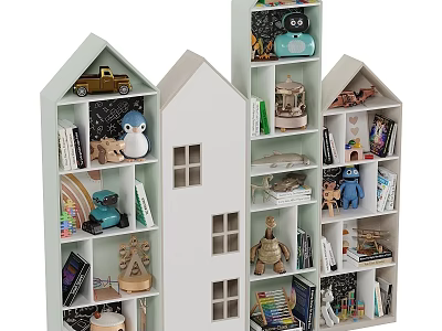 Adorable Stuffed Dolls On White House Shaped Shelves With Books And Toys 3d model