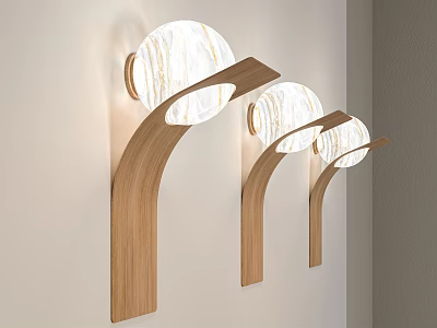 Modern Wall Lamps With Curved Wooden Brackets and Round Marble Shades Mounted on Wall 3d model