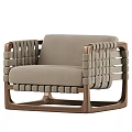 Modern Comfortable Lounge Chair With Wooden Frame And Beige Woven Upholstery