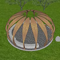 Petal Shaped Pergola With Illuminated Structure And Person Sitting Below Surrounded By Trees At Dusk