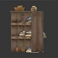 Wooden Storage Shelf With Baskets Books Clay Pots And Skull Decor