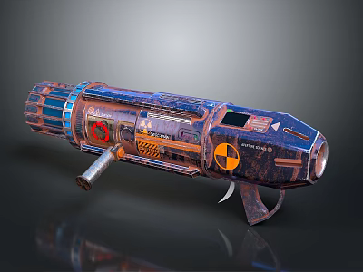 Rusty Metal Sci Fi Weapon With Blue Orange Details Radiation Symbol Control Panel Grip 3d model