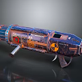 Rusty Metal Sci Fi Weapon With Blue Orange Details Radiation Symbol Control Panel Grip