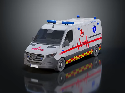 White Ambulance Vehicle With Blue Emergency Lights Red Cross ECG Wave And Yellow Red Stripes 3d model