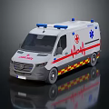 White Ambulance Vehicle With Blue Emergency Lights Red Cross ECG Wave And Yellow Red Stripes
