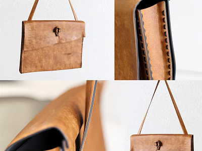 Vintage Brown Leather Handbag With Clasp Closure Stitched Details And Interior Lining 3d model