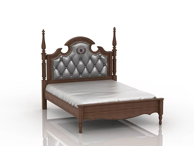 Classic Wooden Double Bed With Carved Headboard And Diamond Tufted Upholstery 3d model