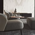 Modern Living Room Interior Design With Marble Wall Wooden Accents Gray Sofa And Floor Lamp