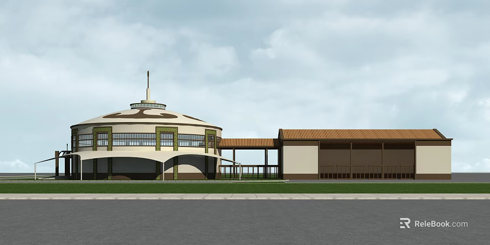 Exterior View Of Round Building With Flagpole Brown Roof And Connected Long Light Colored Structure 3d model 