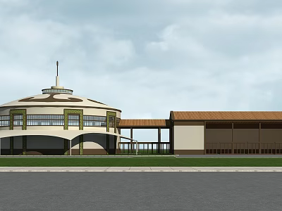 Exterior View Of Round Building With Flagpole Brown Roof And Connected Long Light Colored Structure 3d model